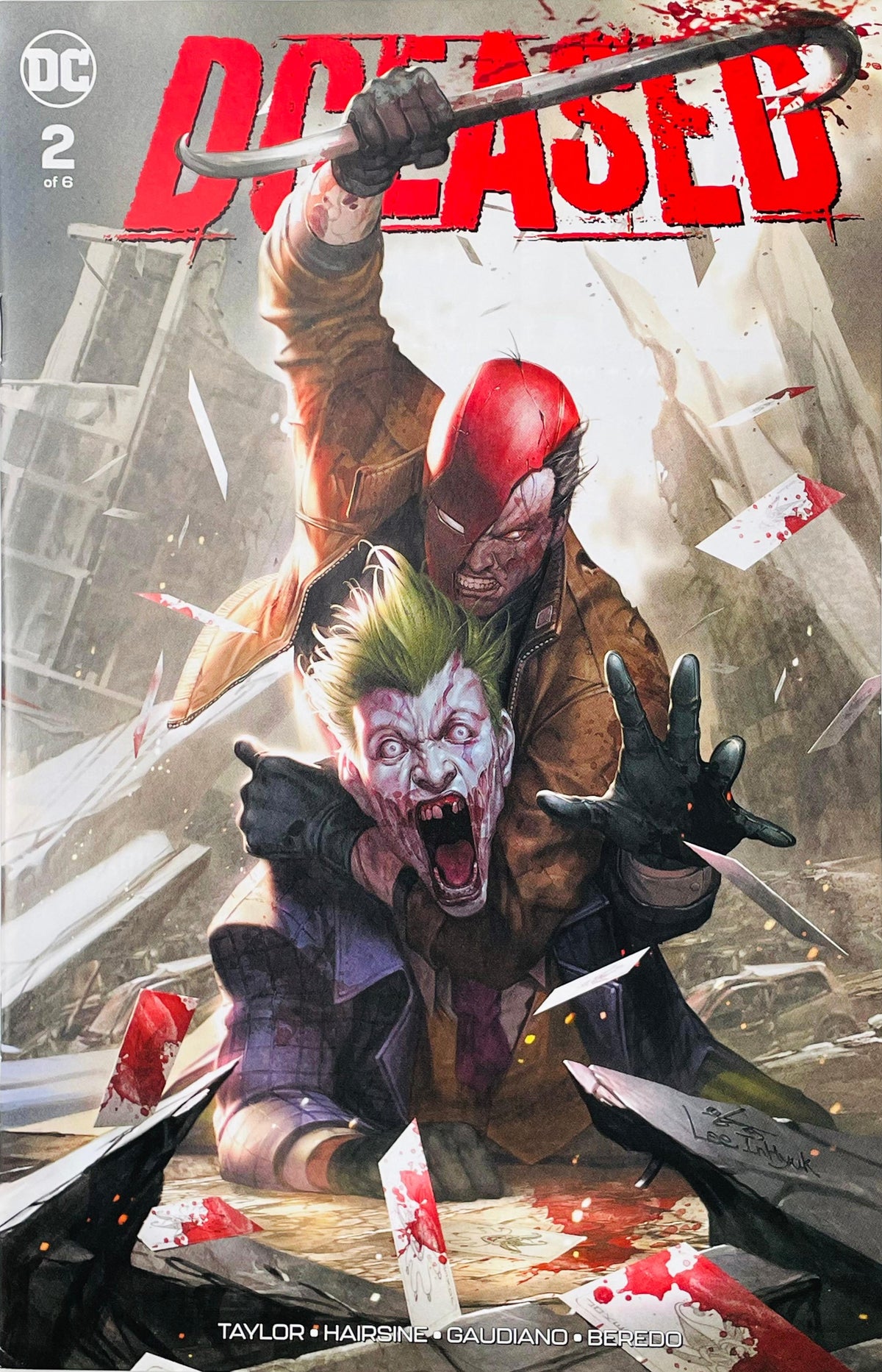 DCeased issue 2 variant comic book published by DC Comics featuring Red Hood attacking a zombie Joker cover art by InHyuk Lee.
