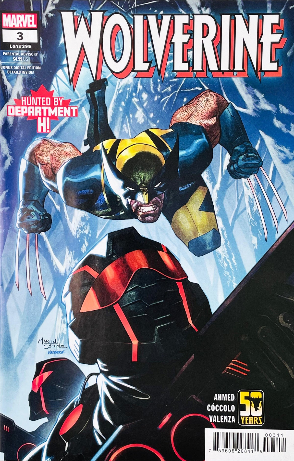 Wolverine issue 3 comic book published by Marvel Comics featuring Wolverine leaping with claws extended at Department H soldiers cover art by Martin Cóccolo.