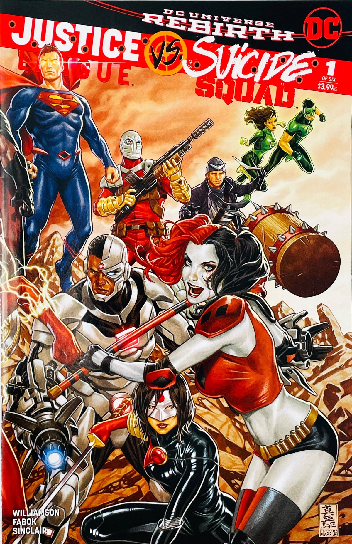 Justice League vs Suicide Squad issue 1 variant comic book published by DC Comics featuring Harley Quinn, Superman, and Cyborg cover art by Mark Brooks.