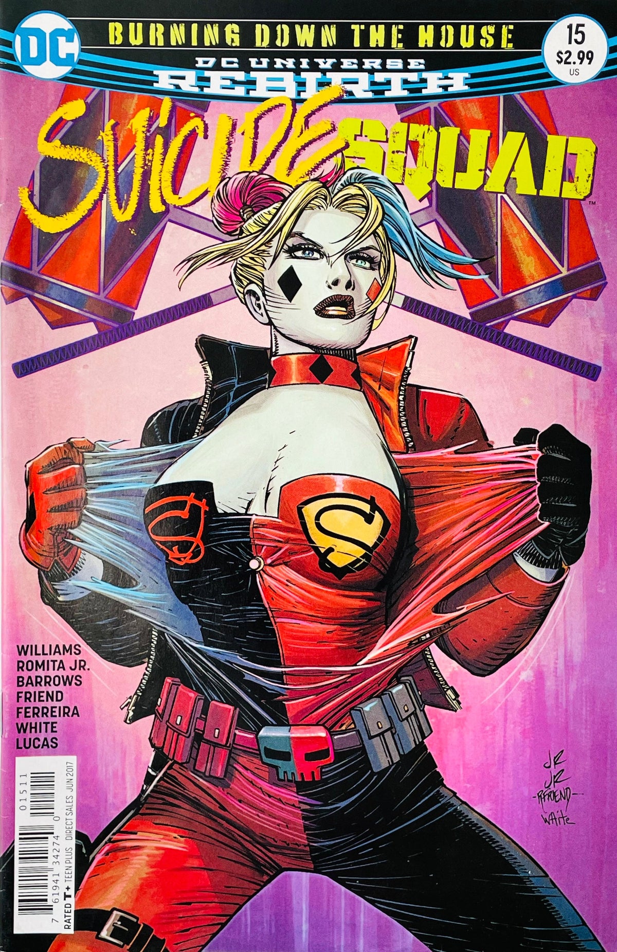 Suicide Squad issue 15 comic book published by DC Comics featuring Harley Quinn ripping open her jacket to reveal a Superman emblem cover art by John Romita Jr.