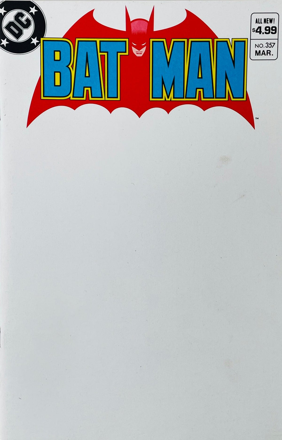 Batman issue 357 blank sketch cover comic book published by DC Comics featuring classic red bat logo header over white blank background.