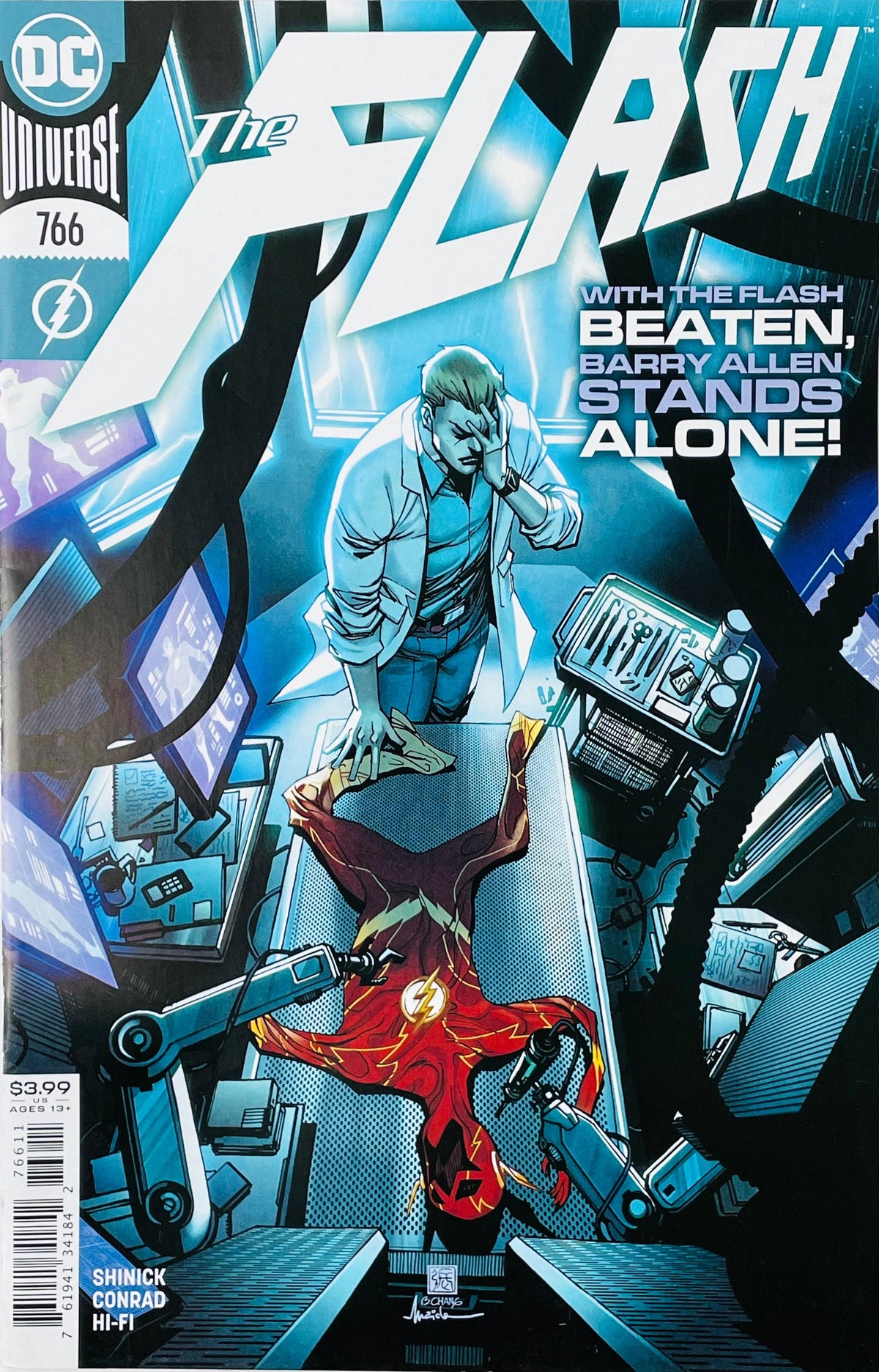 The Flash issue 766 comic book published by DC Comics featuring Barry Allen standing over his defeated Flash suit cover art by Bernard Chang.