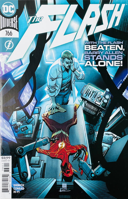 The Flash issue 766 comic book published by DC Comics featuring Barry Allen standing over his defeated Flash suit cover art by Bernard Chang.