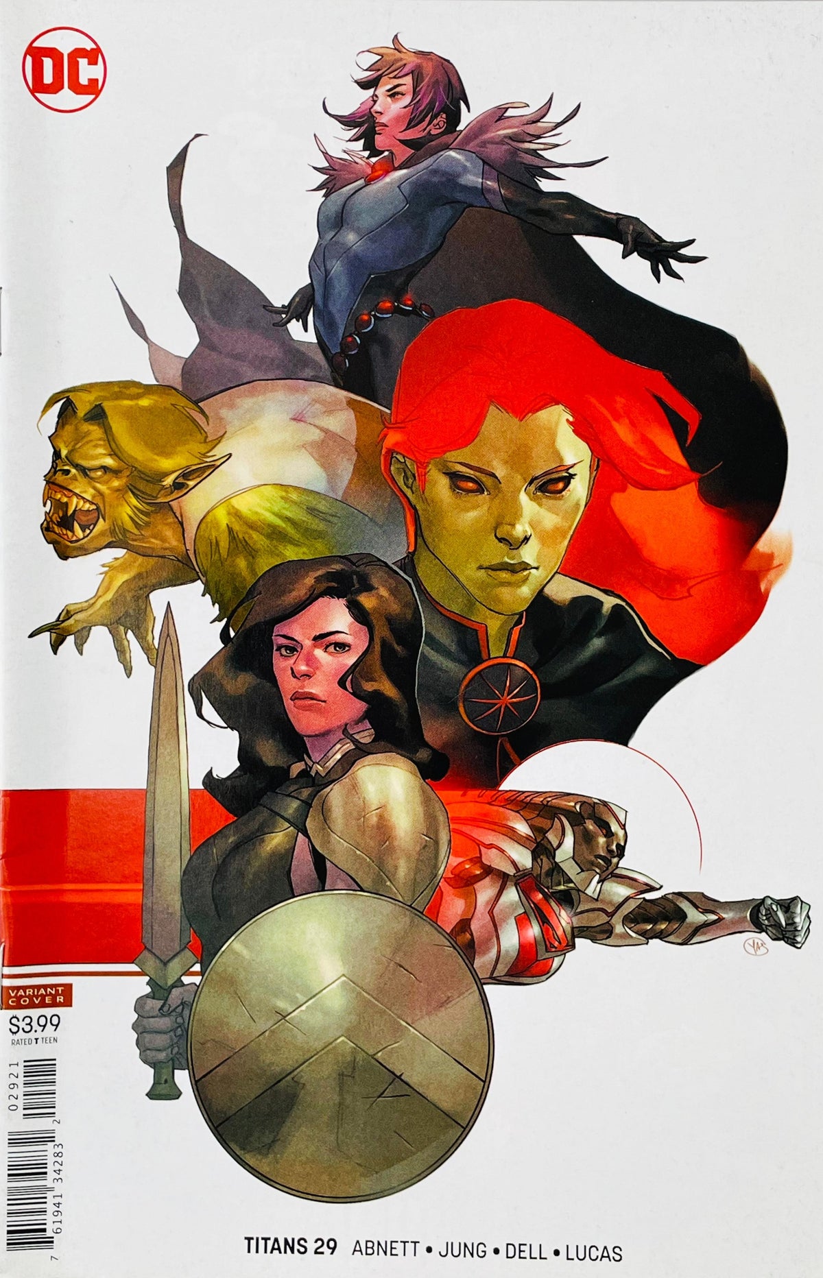 Titans issue 29 variant cover comic book published by DC Comics featuring Donna Troy, Starfire, Raven, Beast Boy, and Steel cover art by Yasmmin Flores Montanez.