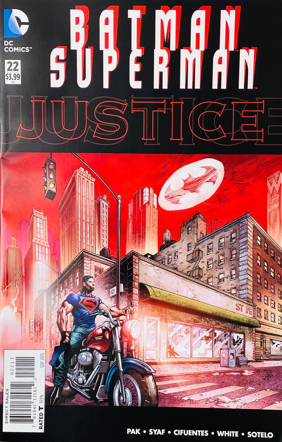 Batman Superman issue 22 comic book published by DC Comics featuring Superman on a motorcycle under a Bat-Signal cover art by Ardian Syaf.