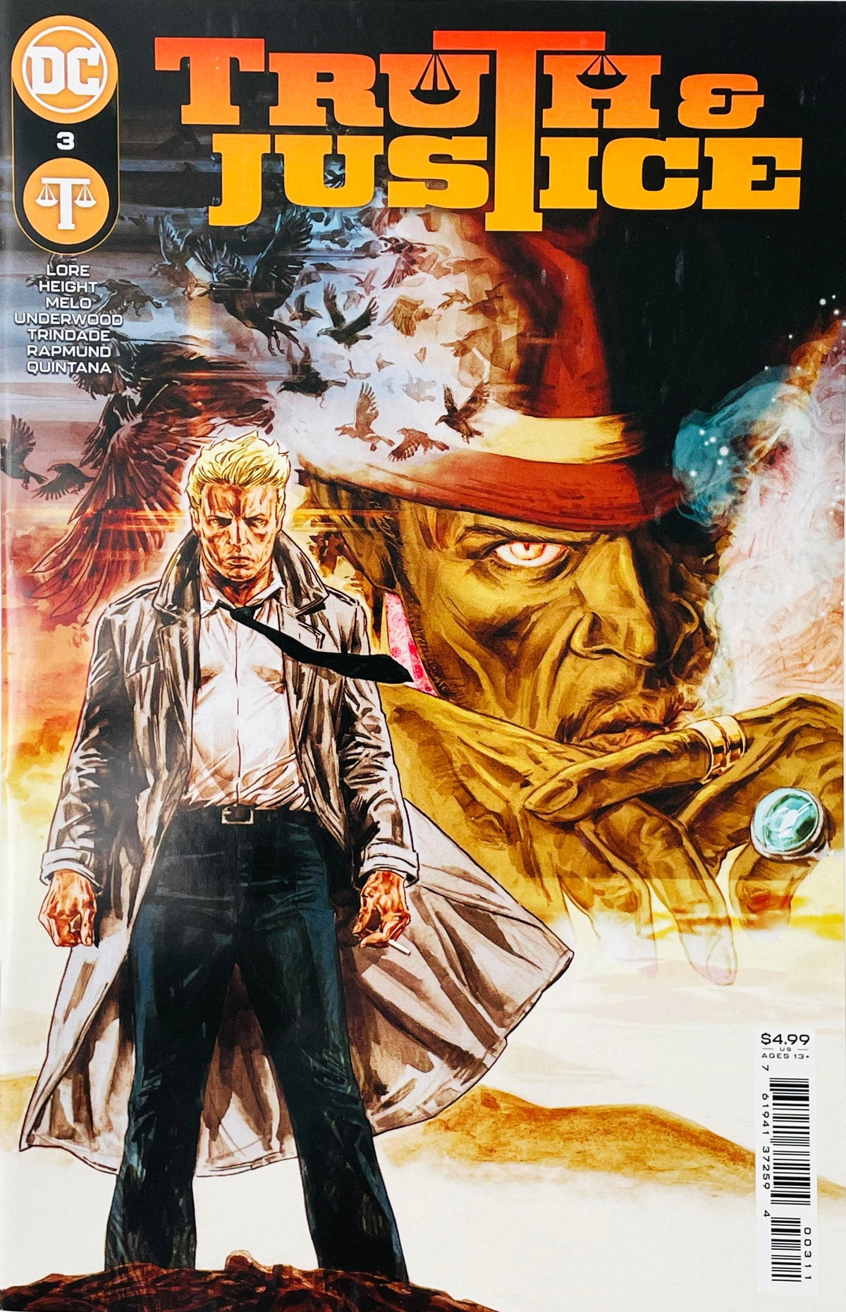 Truth and Justice issue 3 comic book published by DC Comics featuring John Constantine and Papa Midnite cover art by Chris Cross.