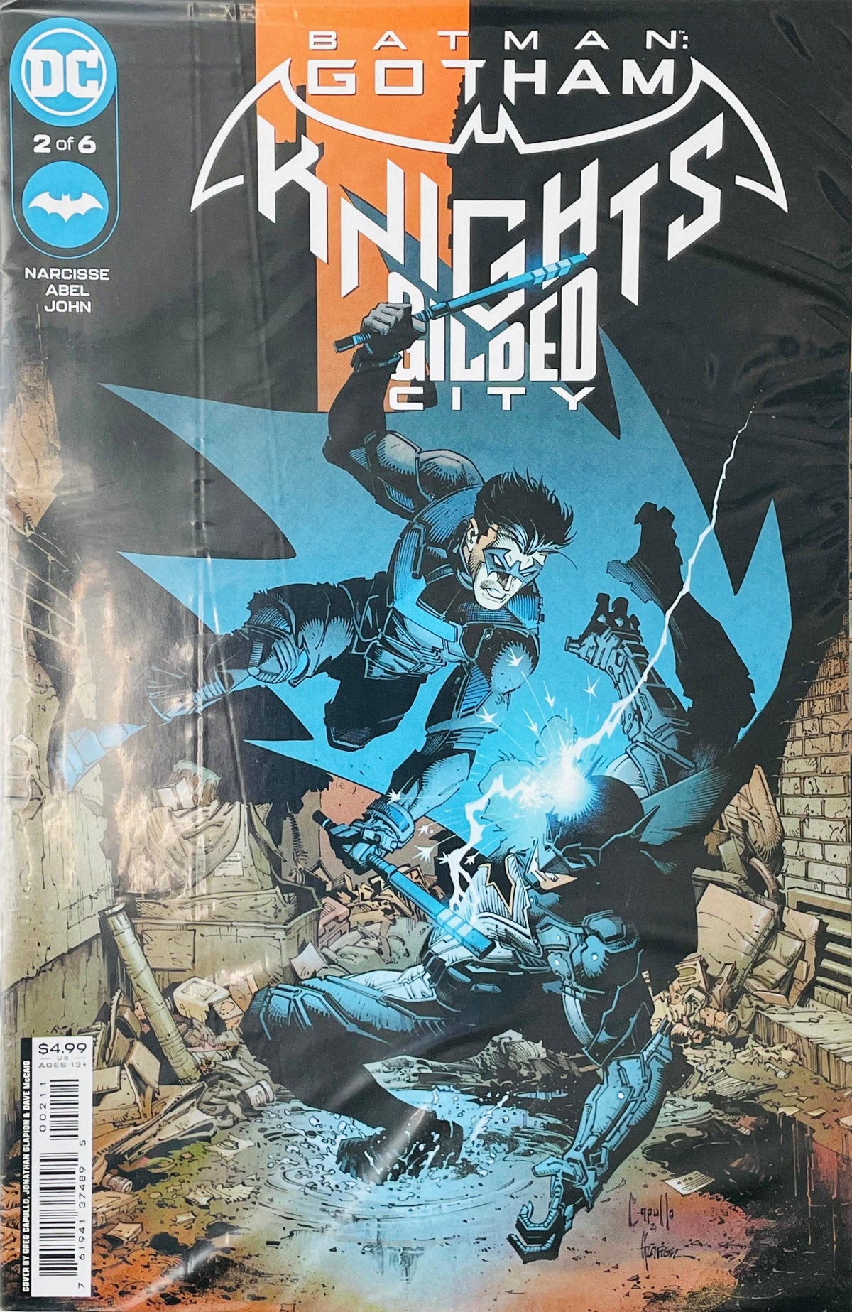 Batman Gotham Knights Gilded City issue 2 comic book published by DC Comics featuring Nightwing leaping with electrified escrima sticks cover art by Greg Capullo.