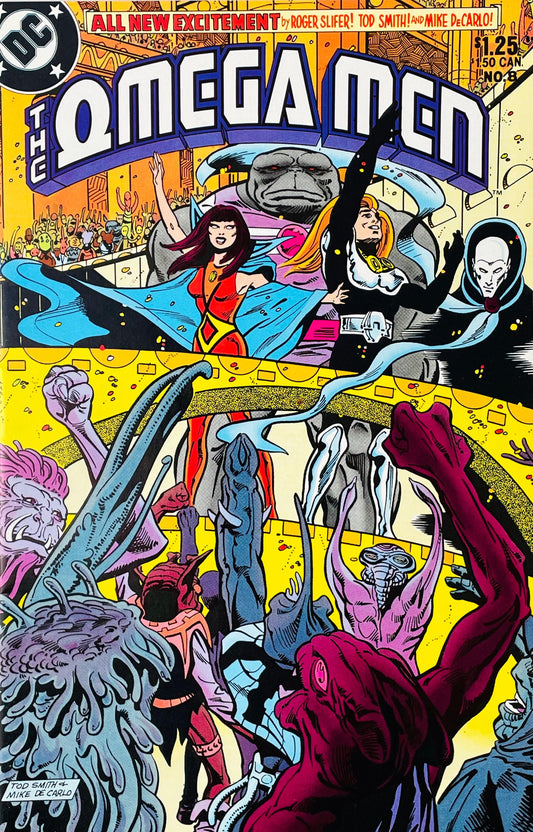 The Omega Men issue 8 comic book published by DC Comics featuring Primus and Kalista waving to an alien crowd cover art by Tod Smith and Mike DeCarlo.