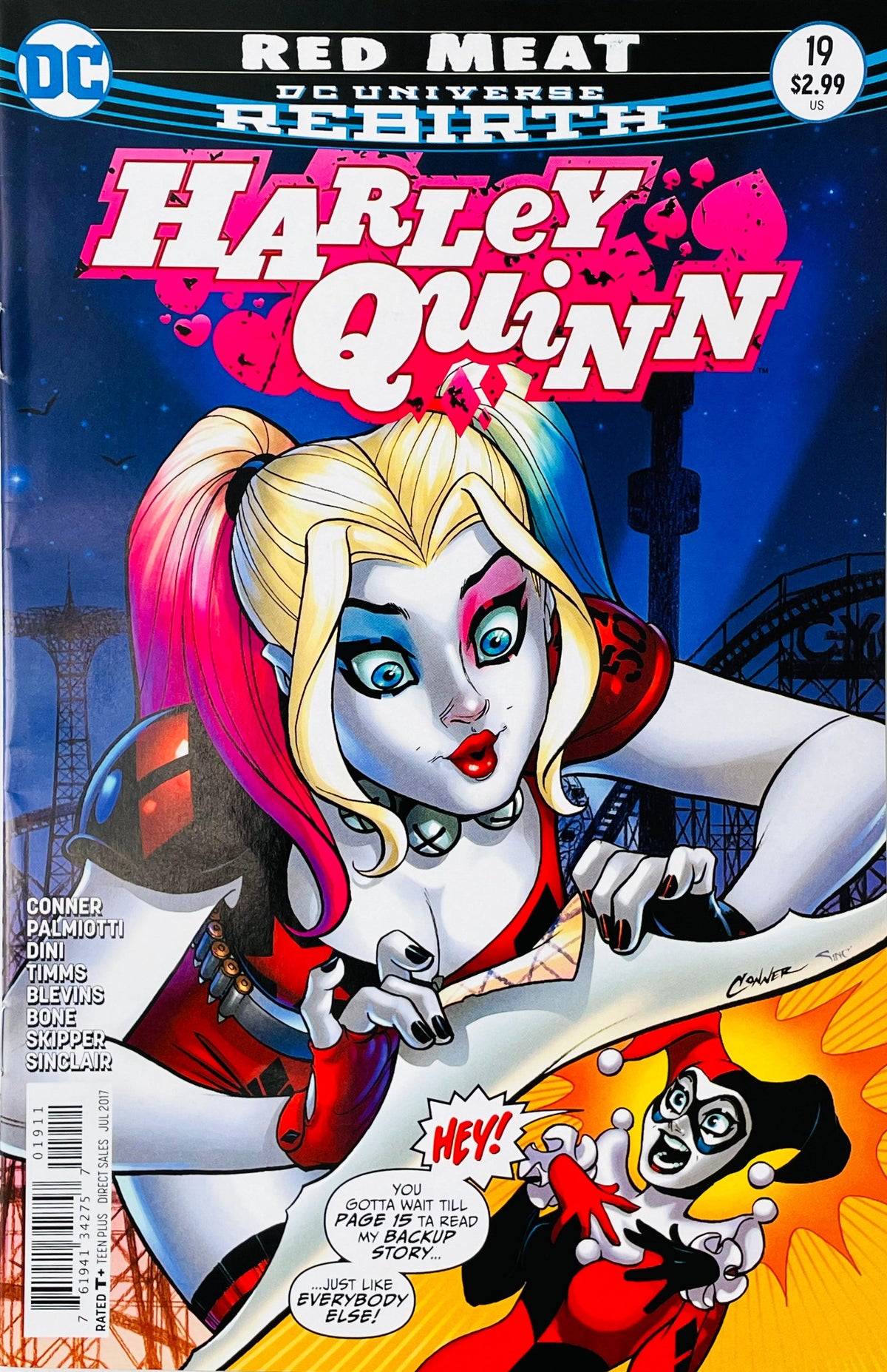 Harley Quinn issue 19 comic book published by DC Comics featuring Harley peeling back the cover revealing a classic jester Harley cover art by Amanda Conner.