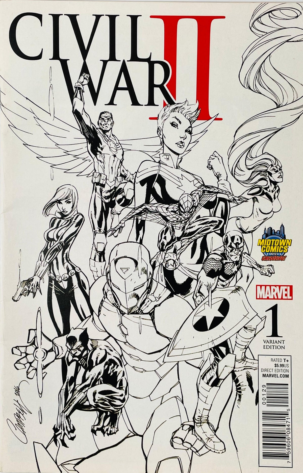 Civil War II issue 1 Midtown Comics exclusive sketch variant comic book published by Marvel Comics featuring Iron Man and Captain Marvel cover art by J. Scott Campbell.