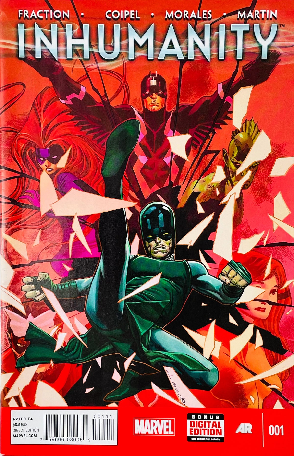 Inhumanity issue 1 comic book published by Marvel Comics featuring Karnak kicking through glass with Black Bolt and Medusa cover art by Olivier Coipel.