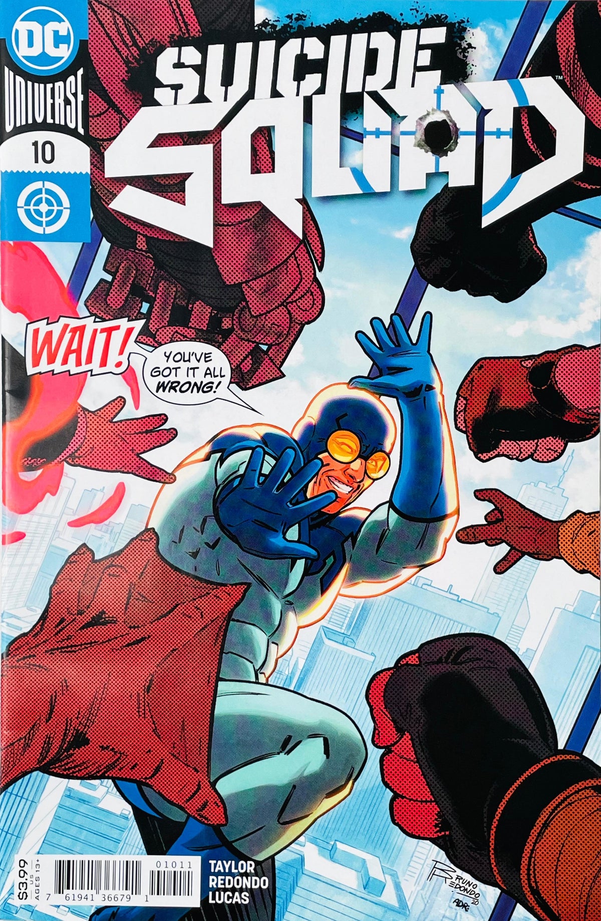 Suicide Squad issue 10 comic book published by DC Comics featuring Finery holding his hands up defensively cover art by Bruno Redondo.