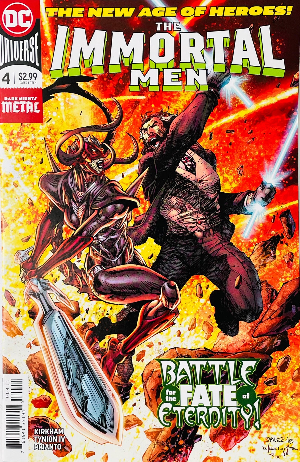 The Immortal Men issue 4 comic book published by DC Comics featuring an armed warrior battle set against a fiery background cover art by Jim Lee and Scott Williams.