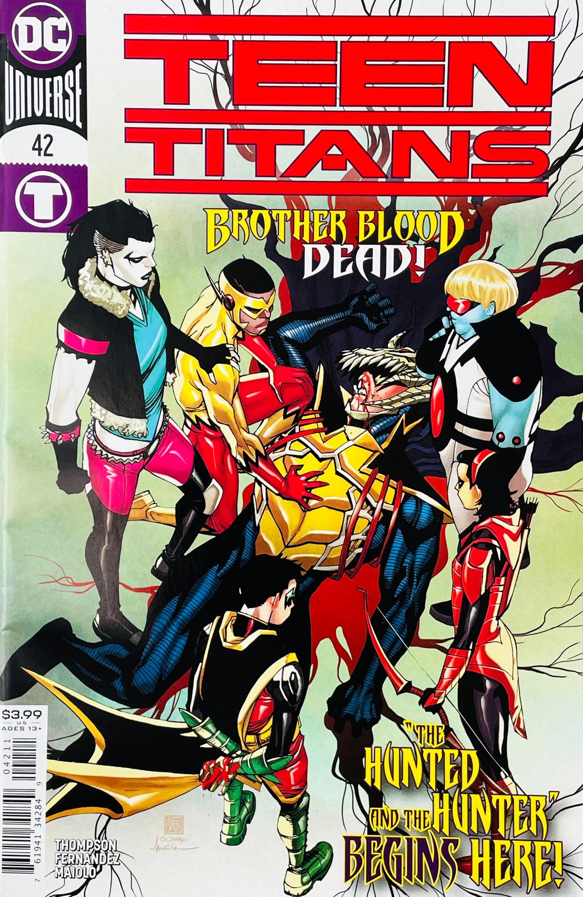 Teen Titans issue 42 comic book published by DC Comics featuring Robin, Kid Flash, Crush, and Red Arrow surrounding Brother Blood cover art by Bernard Chang.