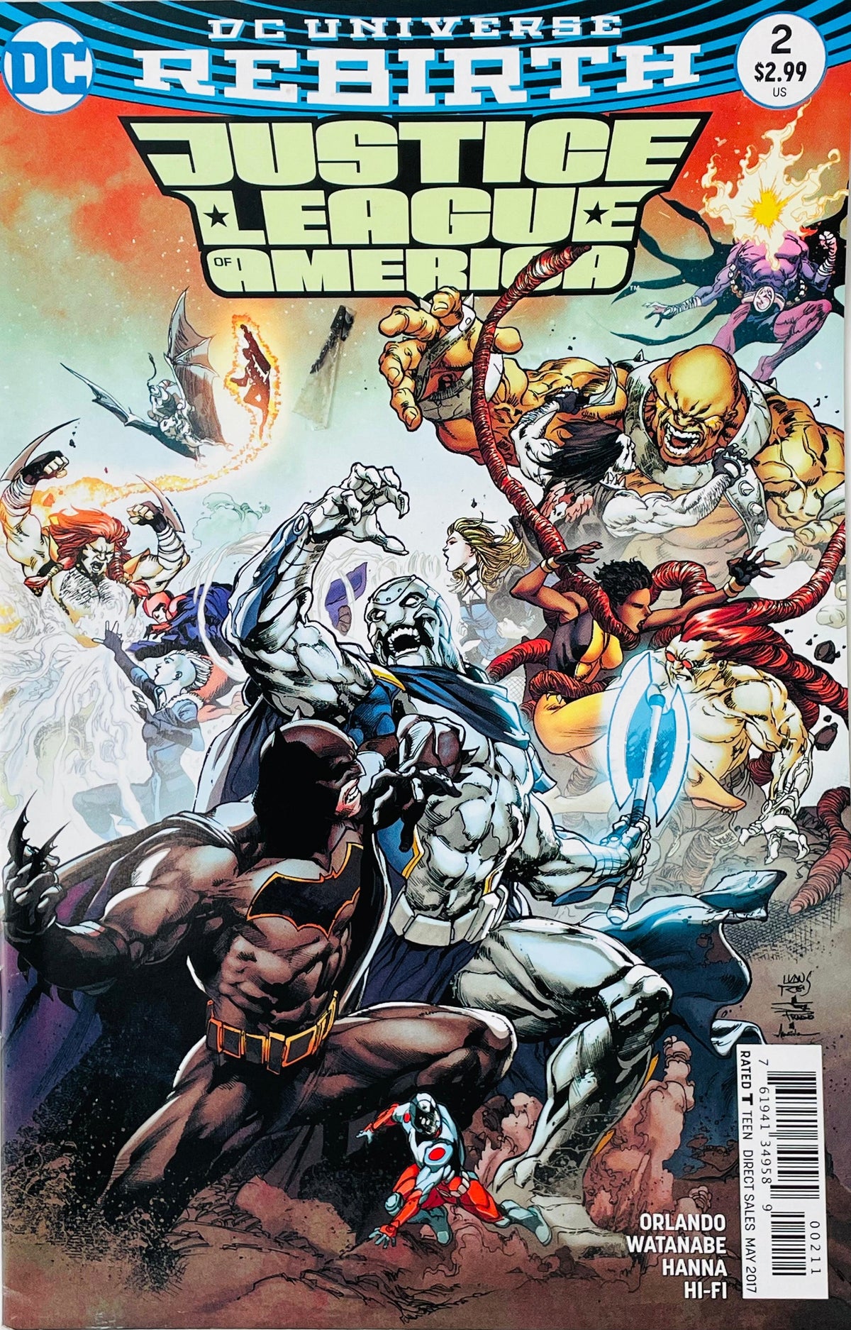 Justice League of America issue 2 comic book published by DC Comics featuring Batman, Lobo, Vixen, and The Atom battling Lord Havok cover art by Ivan Reis.