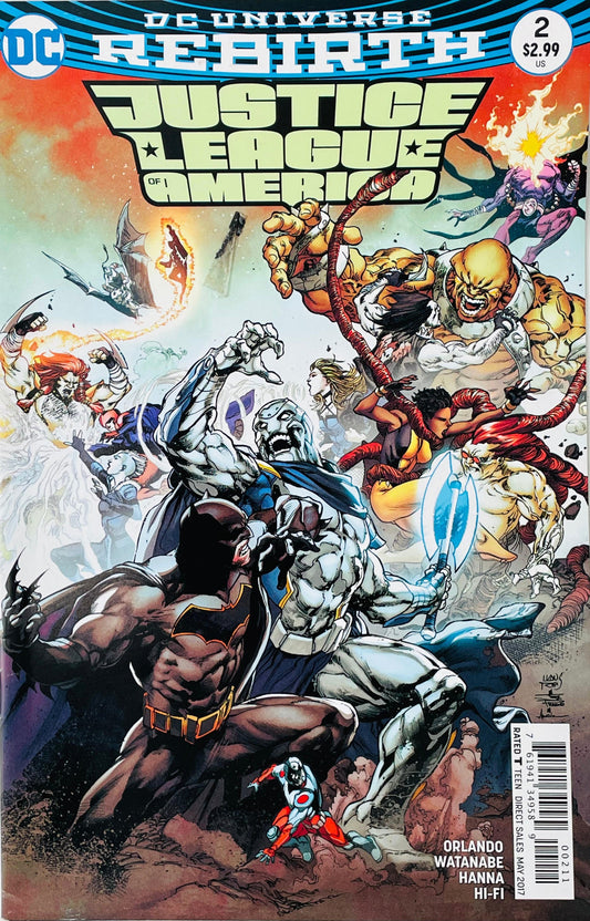 Justice League of America issue 2 comic book published by DC Comics featuring Batman, Lobo, Vixen, and The Atom battling Lord Havok cover art by Ivan Reis.