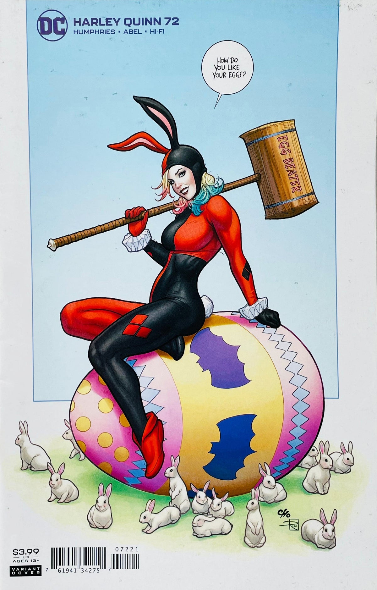 Harley Quinn in a black and red bunny suit holding an Egg Beater mallet while sitting on a large decorated Easter egg surrounded by rabbits on Harley Quinn #72 variant cover by Frank Cho.