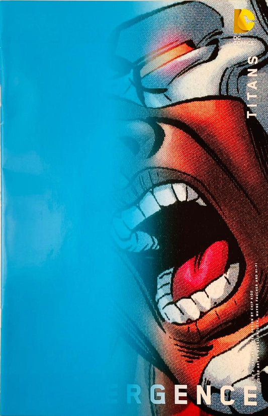 Extreme close up of Roy Harper Arsenal screaming on a cyan blue minimalist layout for Convergence Titans 1 variant cover by Chip Kidd, DC Comics.