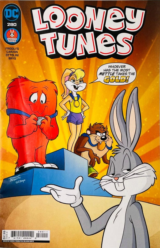 Lola Bunny on a sports podium with a gold medal alongside Gossamer and Taz as Bugs Bunny gestures on the cover of Looney Tunes 280 by DC Comics.