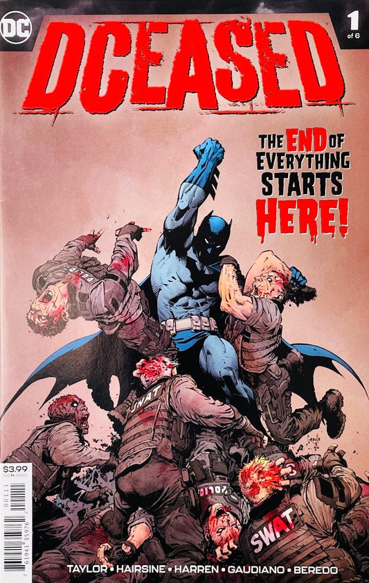 Batman fighting off infected zombie SWAT officers on the main cover of DCeased 1 comic book by Greg Capullo for DC Comics.