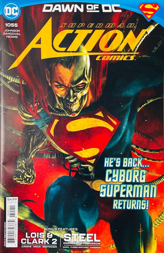 Cyborg Superman lunging forward with metallic mechanical face and red glowing eyes on the cover of Action Comics 1055 by Sebastian Fiumara for DC Comics.