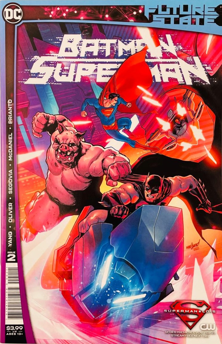 Batman riding a futuristic Batcycle alongside a flying Superman while fighting a mutated Professor Pyg on the cover of Future State Batman Superman 2 by Ben Oliver for DC Comics.