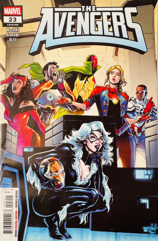 Black Cat crouching in the foreground with Iron Man's helmet while the Avengers look panicked in the background on the cover of The Avengers 23 by Marvel Comics.