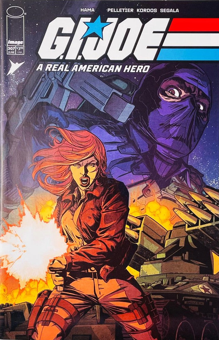 Scarlett firing a gun in battle with Snake Eyes looming in the background on the cover of G.I. Joe A Real American Hero 307 by Image Comics.