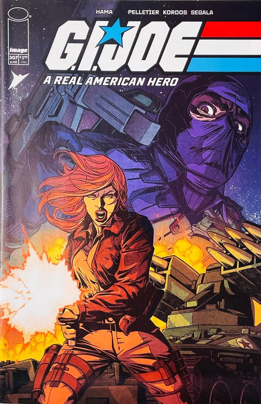 Scarlett firing a gun in battle with Snake Eyes looming in the background on the cover of G.I. Joe A Real American Hero 307 by Image Comics.