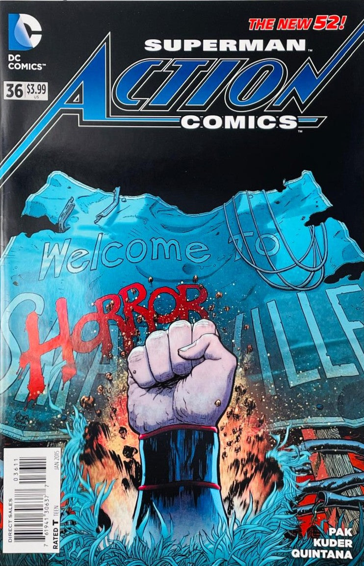 Superman's raised fist bursting through rubble in front of a torn Smallville sign painted with Welcome to Horrorville on the cover of Action Comics 36 by Aaron Kuder for DC Comics.