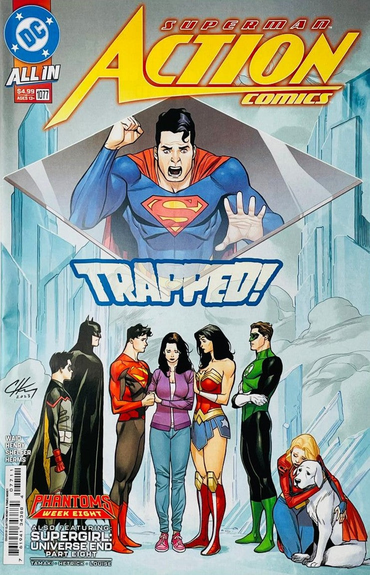 Superman yelling while trapped inside a floating mirror in the Phantom Zone while Lois Lane, Batman, Wonder Woman, Jon Kent, and Krypto look somber on the cover of Action Comics 1077 by DC Comics.