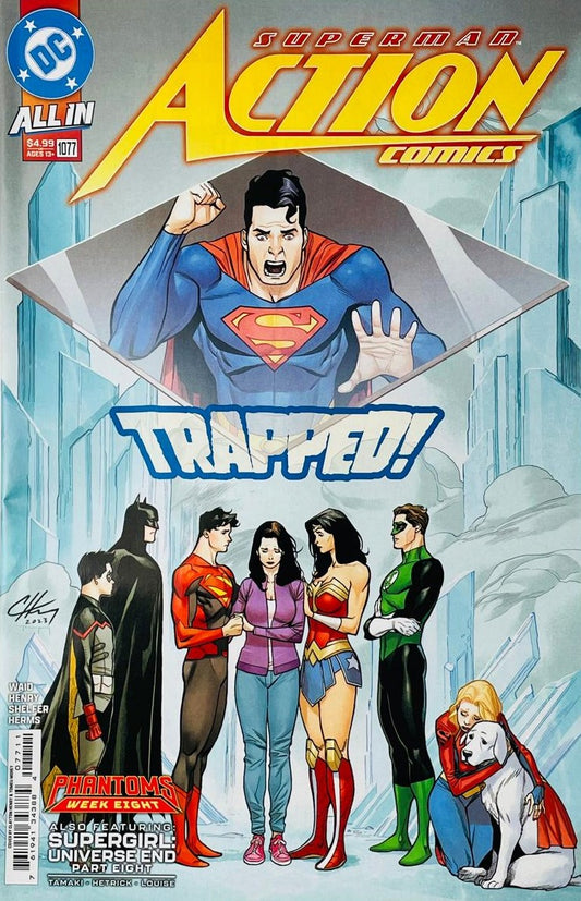 Superman yelling while trapped inside a floating mirror in the Phantom Zone while Lois Lane, Batman, Wonder Woman, Jon Kent, and Krypto look somber on the cover of Action Comics 1077 by DC Comics.