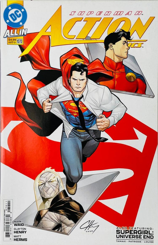 Clark Kent ripping open his white dress shirt to reveal the iconic Superman 'S' logo on the cover of Action Comics 1070 by Clayton Henry for DC Comics.