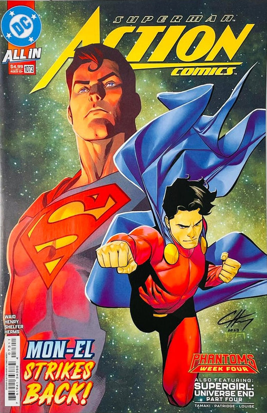 Mon-El flying forward in a red costume with a blue cape set against a starry portrait of Superman on the cover of Action Comics 1073 by Clayton Henry for DC Comics.