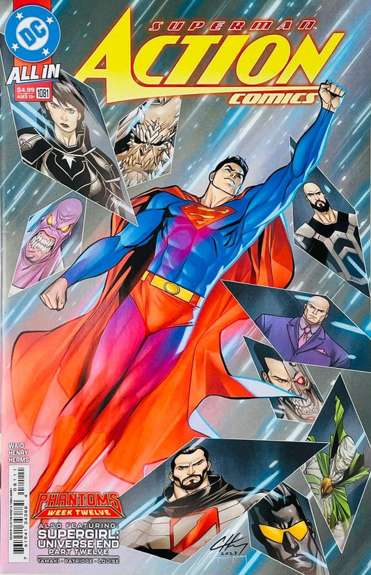 Superman flying upward through space with floating mirror shards displaying General Zod, Lex Luthor, Cyborg Superman, and Doomsday on the cover of Action Comics 1081 by Clayton Henry for DC Comics.