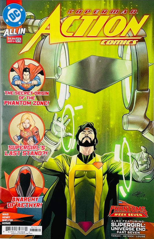 Jax-Ur operating the Phantom Zone Projector under a green glow with inset circles for Superman, Supergirl, and Aethyr on the cover of Action Comics 1076 by Clayton Henry for DC Comics.