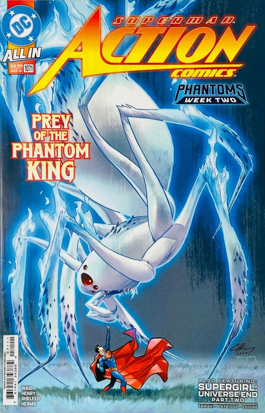 Superman standing below a towering white multi-limbed alien monster surrounded by blue energy on the cover of Action Comics 1071 by Clayton Henry for DC Comics.