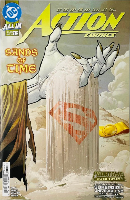 A pale clawed hand dropping sand revealing Superman's S shield under the text Sands of Time on the cover of Action Comics 1072 by Clayton Henry for DC Comics.