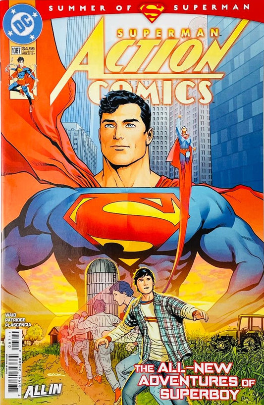 Superman framed against Metropolis in the background while young Clark Kent runs through the Smallville farm on the cover of Action Comics 1087 by Ryan Sook for DC Comics.