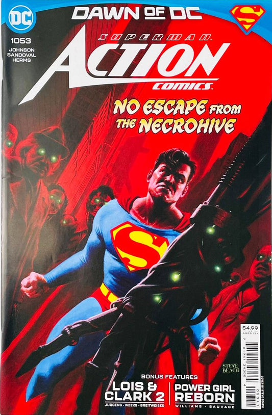 Superman battling glowing green-eyed zombie creatures in a red-lit alley under the text No Escape From the Necrohive on the cover of Action Comics 1053 by Steve Beach for DC Comics.