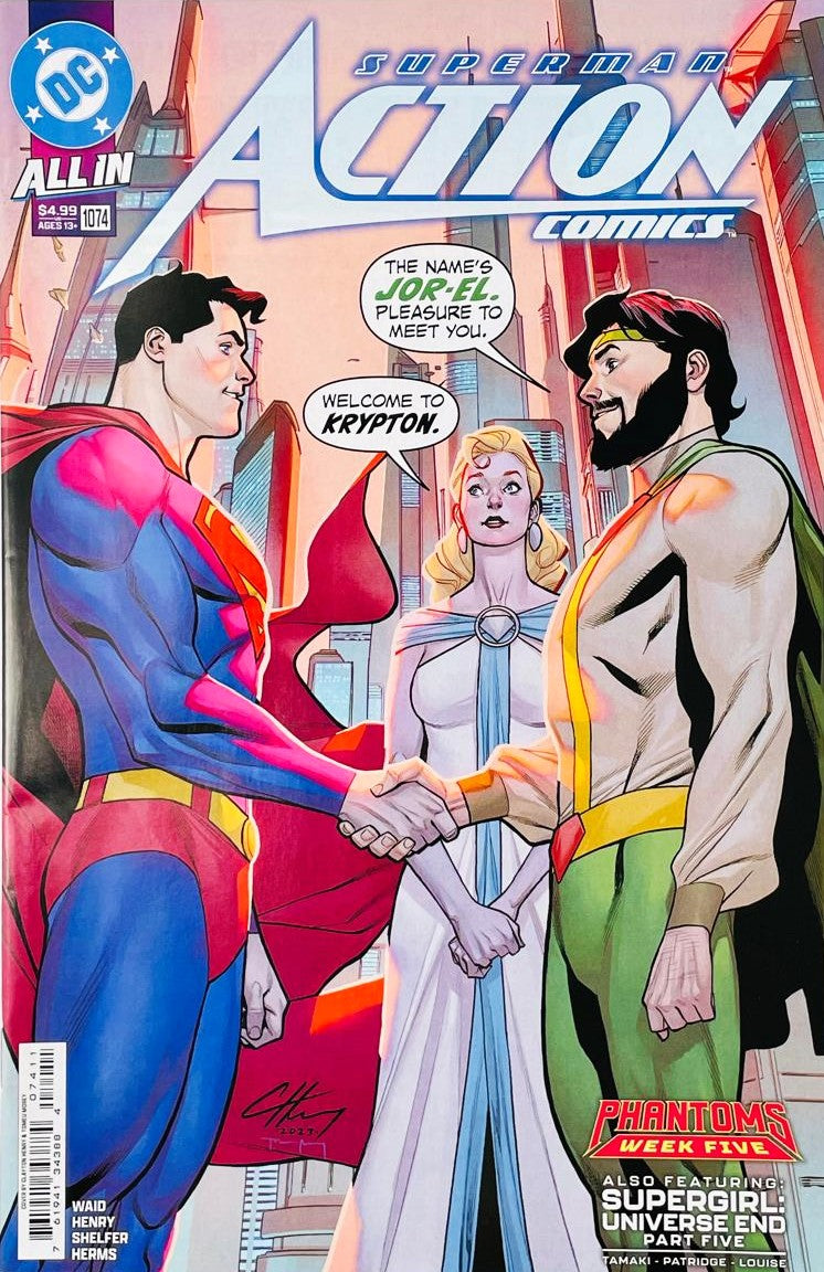 Superman shaking hands with Jor-El while Lara Lor-Van looks on in front of Kryptonian architecture on the cover of Action Comics 1074 by Clayton Henry for DC Comics.