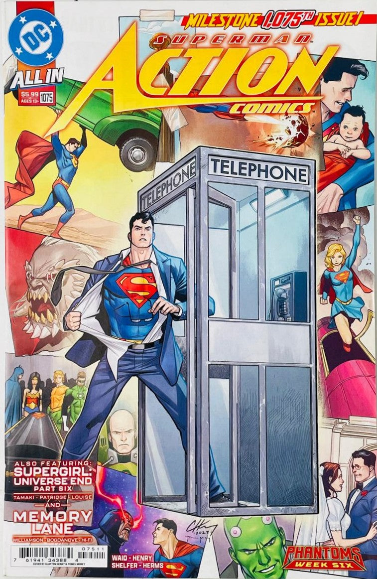Clark Kent changing in a phone booth surrounded by historic Superman comic panels on the milestone cover of Action Comics 1075 by Clayton Henry for DC Comics.