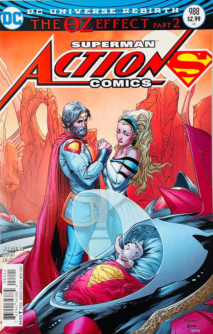 Jor-El and Lara holding hands on Krypton while sending baby Kal-El away in his starship pod on the cover of Action Comics 988 by Nick Bradshaw for DC Comics.
