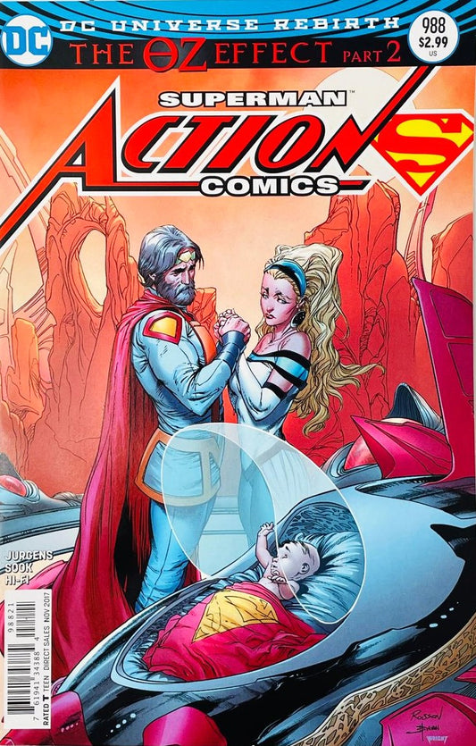 Jor-El and Lara holding hands on Krypton while sending baby Kal-El away in his starship pod on the cover of Action Comics 988 by Nick Bradshaw for DC Comics.