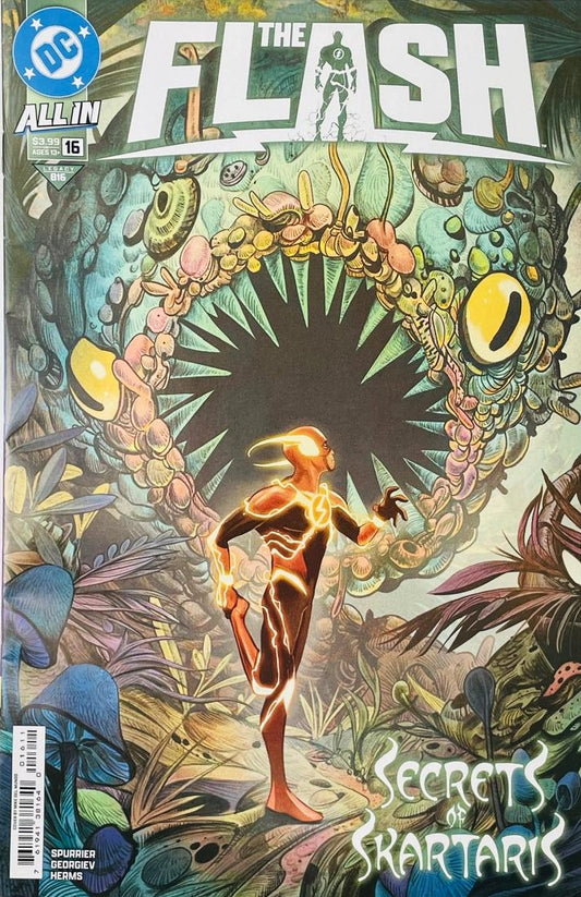 The Flash Wally West stretching in mid-run inside a psychedelic alien jungle beneath the text Secrets of Skartaris on the cover of The Flash 16 by Mike Del Mundo for DC Comics.