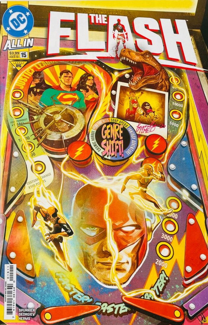 The Flash speedsters and Justice League characters stylized inside a colorful arcade pinball machine on the cover of The Flash 15 by Mike Del Mundo for DC Comics.