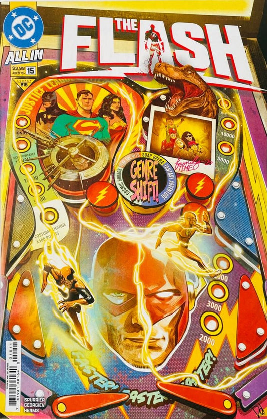 The Flash speedsters and Justice League characters stylized inside a colorful arcade pinball machine on the cover of The Flash 15 by Mike Del Mundo for DC Comics.