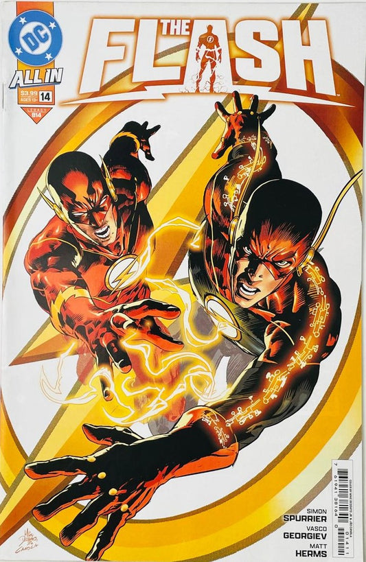 Wally West and Barry Allen racing side-by-side with crackling Speed Force lightning on the cover of The Flash 14 by Mike Deodato Jr. for DC Comics.