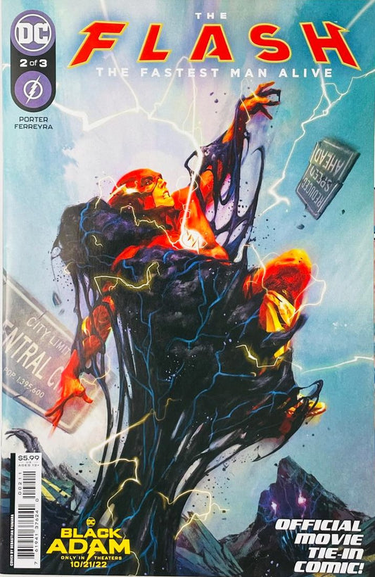 The Flash struggling as he is consumed by a dark tar-like substance with lightning energy on the cover of The Flash The Fastest Man Alive 2 by Sebastian Fiumara for DC Comics.