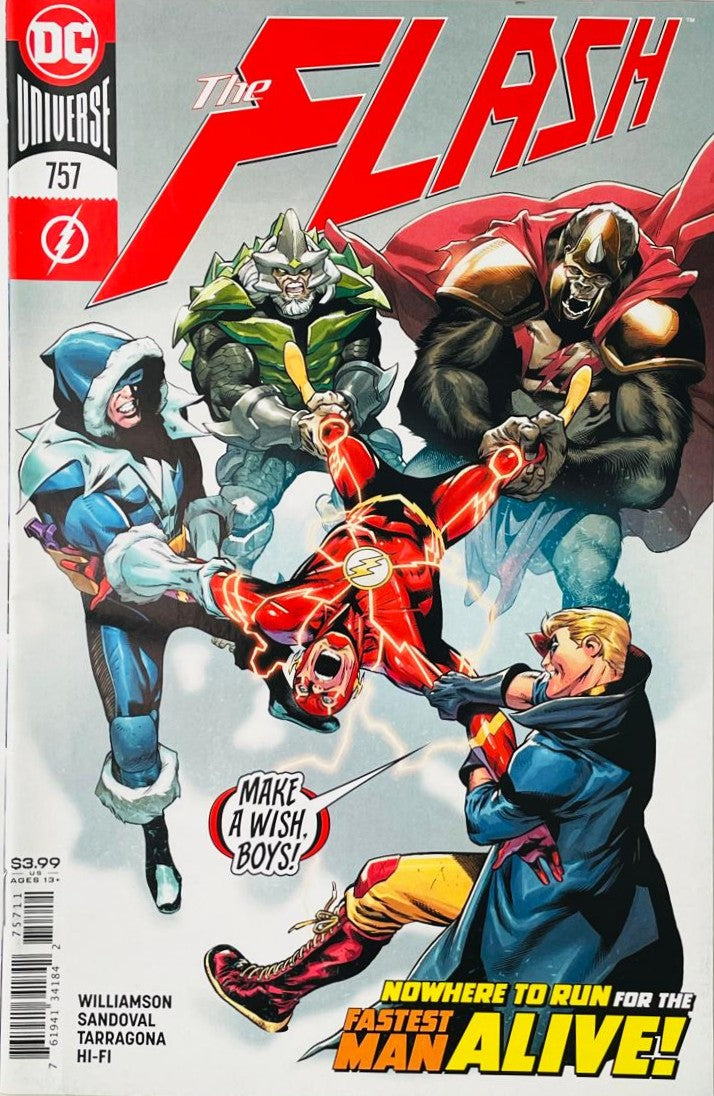 The Flash being pulled four ways by Captain Cold, Gorilla Grodd, Turtle, and Trickster on the cover of The Flash 757 by Rafa Sandoval for DC Comics.